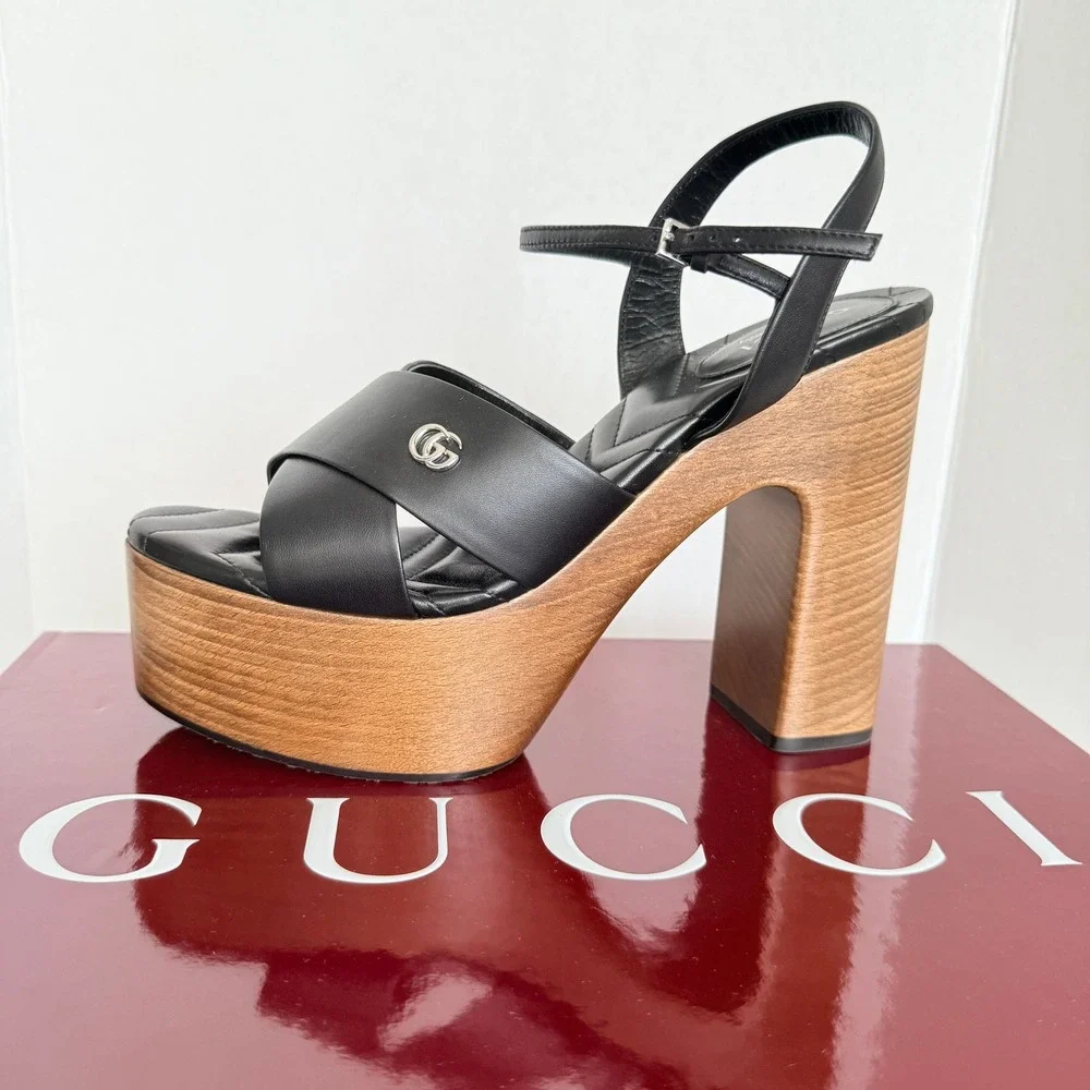 Gucci Nappa Charlotte Black Leather Wood Platform Block Heel Sandals 835313 sz40